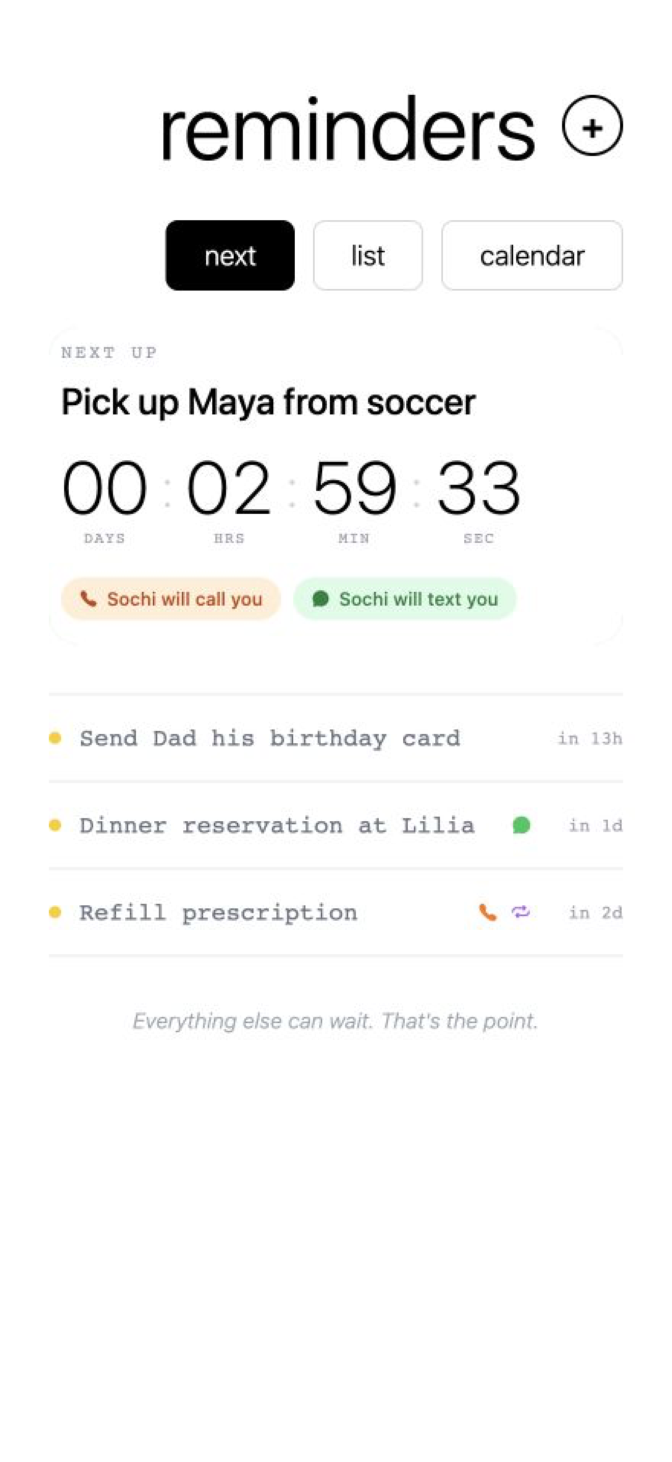 Sochima iPhone app showing the next reminder countdown